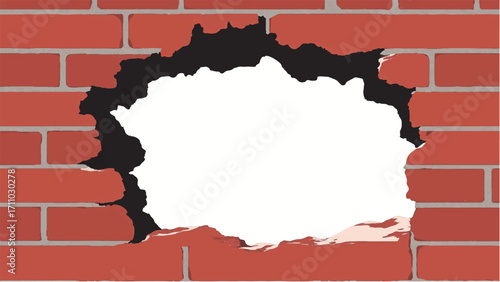 Broken Brick wall with white Hole. A Brick wall with a large hole in the center. Vector Illustration.