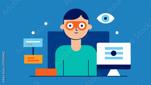 Adaptive Equipment A character demonstrating the use of an eyetracking device to navigate a telehealth appointment on their computer showcasing ease of use for individuals with