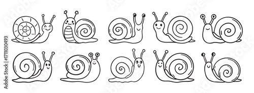cute snail icon doodle hand drawn set. Outline happy snail character with smile line drawing clipart symbol collection