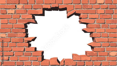 Broken Brick wall with white Hole. A Brick wall with a large hole in the center. Vector Illustration.