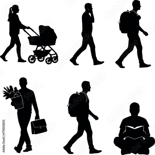 Urban lifestyle silhouettes of diverse people walking, shopping, reading, parenting, commuting, multitasking, relaxing, working, studying, and living everyday modern life