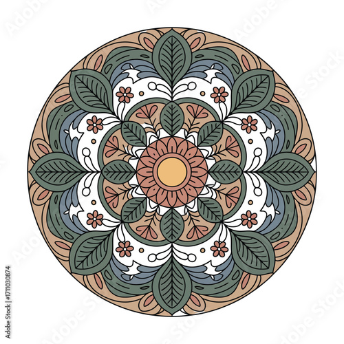 Circular mandala design with floral and leaf motifs in muted earth tones pattern
