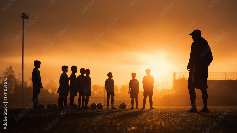 Fototapeta premium Soccer coach briefing kids at sunrise practice.