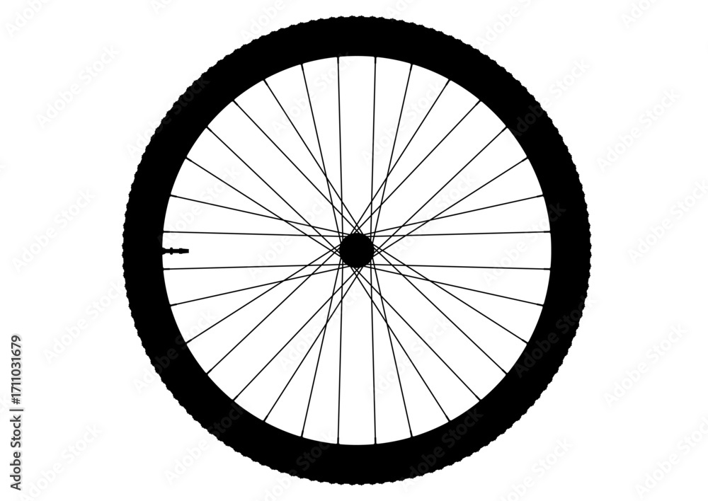 Naklejka premium A close-up of an MTB bicycle wheel, highlighting its spokes, hub, and tire—perfect for cycling and transportation themes. Vector. 