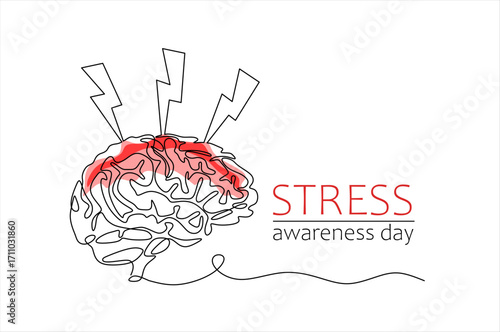 Continuous one line drawing of human brain and stress. Stress Awareness Day. Hand drawn one line vector. Editable stroke	