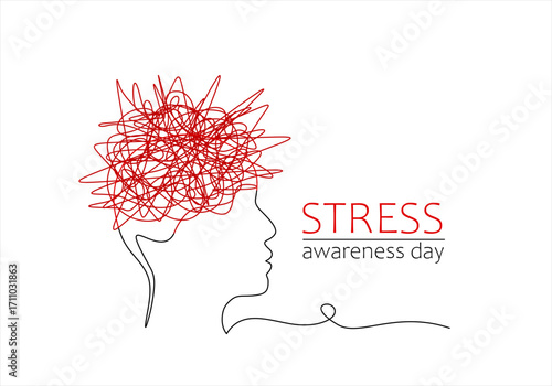 Continuous one line drawing of silhouette of stress person. Stress Awareness Day. Hand drawn one line vector. Editable stroke	