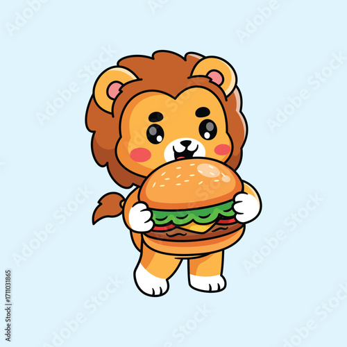 Cartoon Lion Holding a Burger Illustration