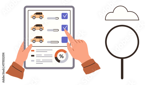 Tablet with car checklist, percentage chart, and toggles under review by hands. Cloud and magnifying glass nearby. Ideal for car comparison, analysis, decision-making, technology, data visualization