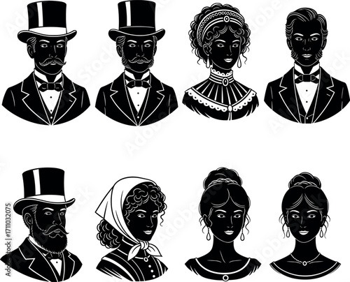 Victorian era people in vintage fashion, historical costume portraits, retro style characters, antique clothing illustration for heritage and history themes