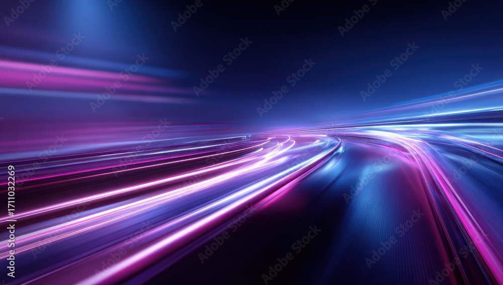 Obraz premium A vibrant display of motion blur, showcasing streaks of neon pink and blue light tracing a futuristic road.
