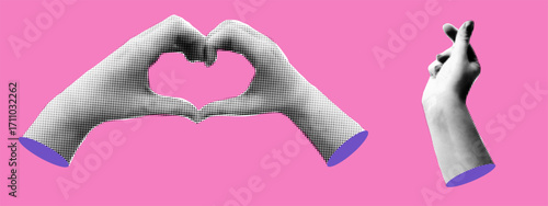 Heart and love shown with hand like halftone media. Shape and retro concept form icon symbol. Vintage vector with grunge influence and passion design elements.