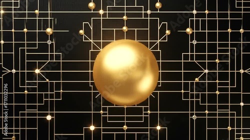 Sophisticated geometric pattern featuring interconnected lines and gold spheres on a dark background.