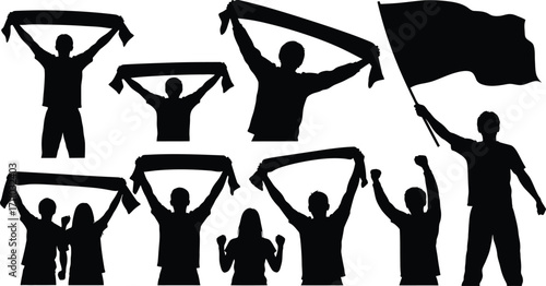 Cheering football (soccer) fans in various celebratory poses, including holding up scarves, waving flags, and raising their arms in excitement silhouette icons. Scarf fan, sports fans, holding flags. 