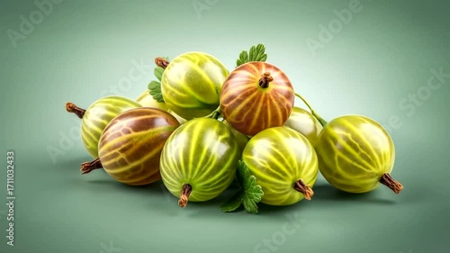 Close-up of a cluster of gooseberries with vibrant green and maroon hues, displayed against a muted sage backdrop.