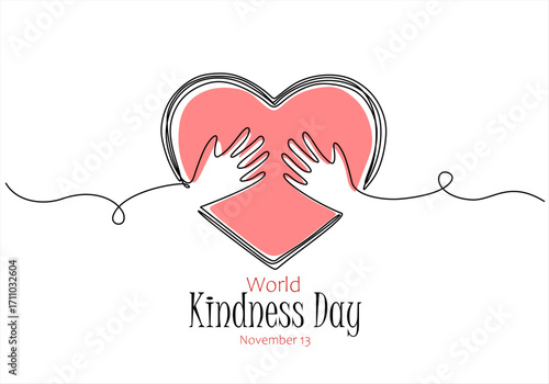 Continuous one line drawing of hands hugging big red heart. Hands holding heart. Symbol of charity. World kindness day. Hand drawn one line vector. Editable stroke	