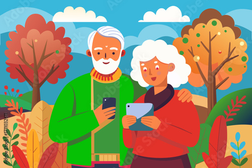 Senior couple enjoying autumn scenery, taking selfies with smartphones, surrounded by vibrant fall foliage and colorful trees, capturing joyful moments in the beautiful autumn vibe