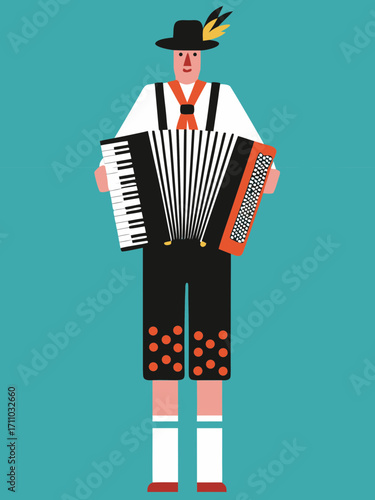 Male musician in traditional attire plays accordion, showcasing vibrant colors and festive Oktoberfest spirit, embodying the joyful atmosphere of a cultural celebration