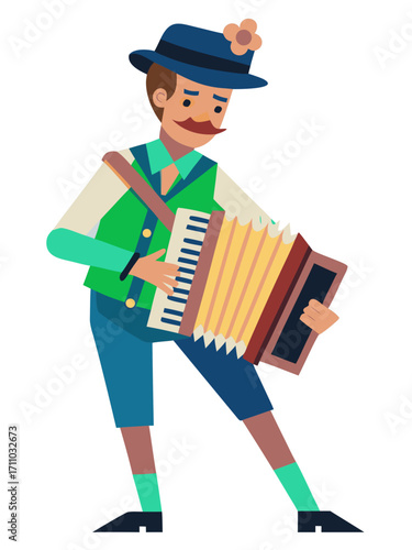 Accordion player in traditional attire, performing lively music at festive , surrounded by vibrant decorations and joyful atmosphere, embodying cultural heritage and celebration Oktoberfest spirit