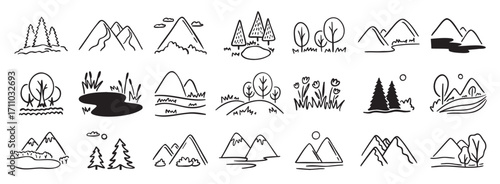 Mountains landscapes nature with pine forest, river, mount and hills doodle hand drawn icon set. Outline drawing rocky horizon environment line clipart symbol collection. 