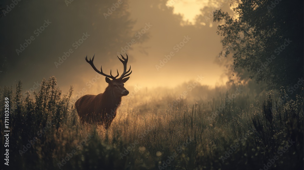 Obraz premium Majestic Deer in Misty Woodland – Wild Stag in Foggy Forest, Autumn Nature, Wildlife Photography, Serene Environment, Tranquil Landscape, Natural Beauty, Wilderness Scene