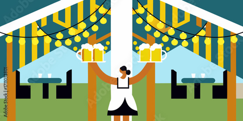 Woman in traditional attire carrying two beer mugs, surrounded by festive decorations and tables, embodies the joyful spirit of a vibrant Oktoberfest celebration atmosphere