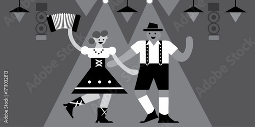 Festive Oktoberfest celebration featuring a couple in traditional attire dancing joyfully under bright lights, embodying the spirit of cultural festivities and community engagement