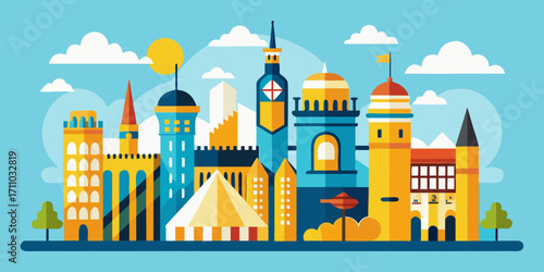 Vector skyline illustration featuring iconic structures, festive tent, and beer mugs, capturing the vibrant spirit of a cultural celebration in a colorful design