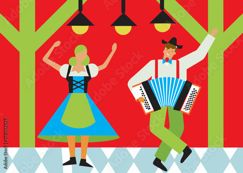 Colorful illustration of a joyful couple dancing at a festive Oktoberfest celebration, with vibrant decorations and lively atmosphere, showcasing traditional attire and musical performance