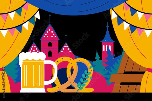 Colorful illustration of festive Oktoberfest scene featuring beer mug, pretzel, and vibrant decorations, capturing the joyful atmosphere of folk celebrations and traditions
