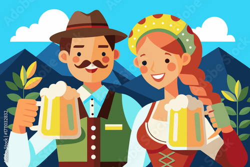 Happy couple in traditional attire, holding beer mugs, surrounded by mountains and greenery, celebrating Oktoberfest with joy and festive spirit, showcasing cultural heritage and camaraderie