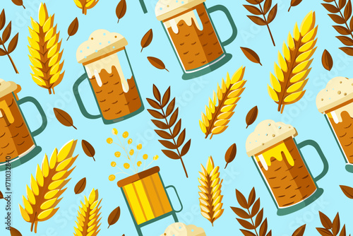 Seamless pattern featuring frothy beer mugs, golden wheat stalks, and autumn leaves, creating a festive atmosphere for Oktoberfest celebrations and seasonal events