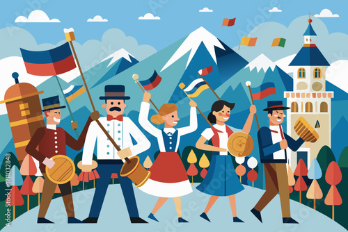 Bavarian parade featuring musicians with instruments, vibrant flags, and traditional attire, set against a picturesque mountain backdrop in a colorful vector illustration