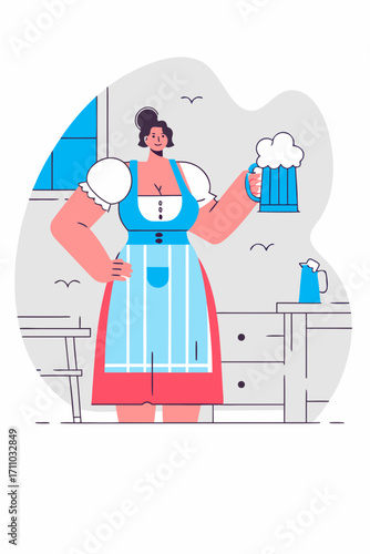 Cheerful woman in traditional attire holds a frothy beer mug, surrounded by festive decorations, embodying the joyful spirit of Oktoberfest celebration and cultural heritage