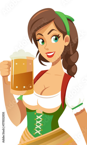 Cheerful woman in traditional attire holding a large beer mug, celebrating Oktoberfest with vibrant colors and festive atmosphere, embodying joy and cultural heritage