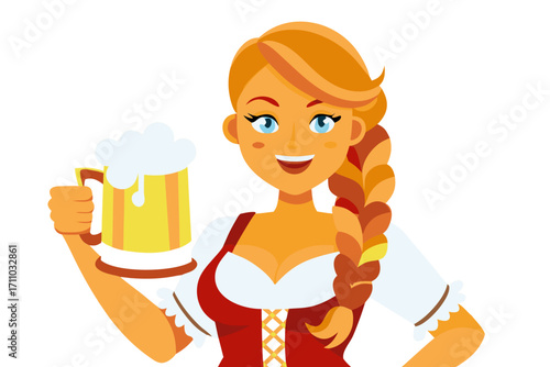 Cheerful woman in traditional attire holding a frothy beer mug, celebrating Oktoberfest with festive atmosphere and vibrant colors, embodying joy and cultural heritage