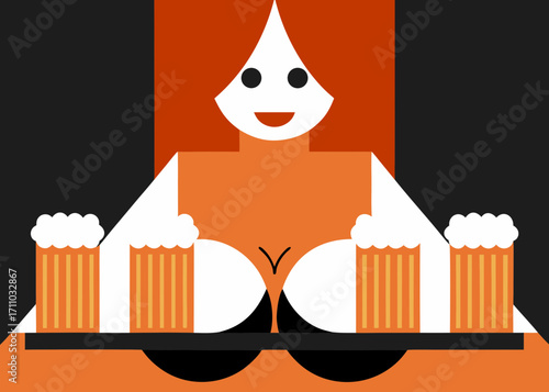 Cheerful character with red hair, serving traditional beverages on a tray, surrounded by festive decorations, embodying the spirit of celebration and joy at a lively Oktoberfest event