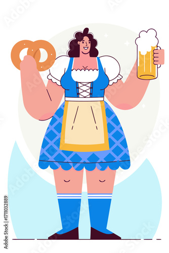 Cheerful woman in traditional attire holds pretzel and beer, showcasing festive spirit of celebration, embodying joy and community during Oktoberfest event
