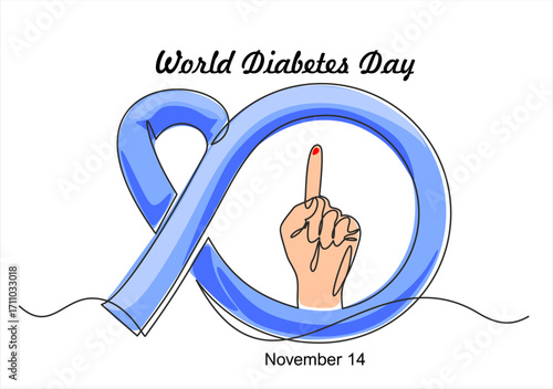 Continuous one line drawing of blue ribbon with red blood drop in hand. World diabetes day. Hand drawn one line vector. Editable stroke	