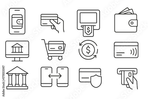 Set of 12 thin line icons for payments and financial transactions. Vector illustrations of money transfer, digital wallet, ATM, credit cards, and banking.