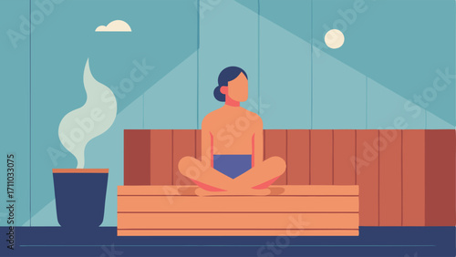 Detoxifying Sauna A modern sauna with sleek wood paneling where a person relaxes inside surrounded by gentle steam and calming light evoking feelings of detoxification and
