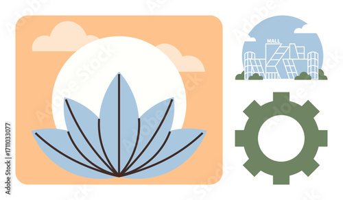 Lotus flower in sunlight symbolizes nature, cityscape highlights urban living, and gear implies technology. Ideal for harmony, environment, sustainability, innovation, growth, wellness modernity