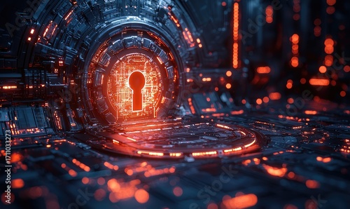 Futuristic keyhole portal, glowing with red light