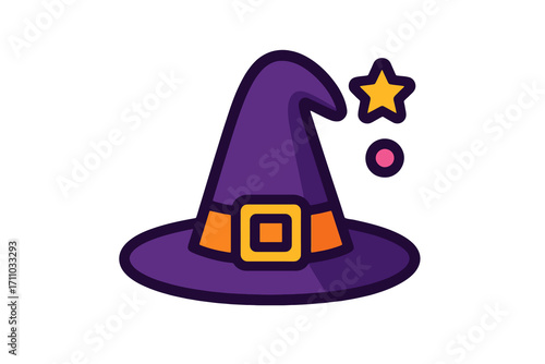 Playful flat vector witch hat, vibrant cartoon design with thick outline, ideal for apps, fantasy projects, and stock graphics.