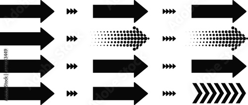 Arrow Icon Set Featuring Motion, Size Variation, Halftone Dissolve, Chevron Transition, Directional Symbols, Graphic Navigation, UI Design Elements