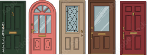 Front Door Icon Set Featuring Classic and Modern Styles, Arched Frames, Glass Panels, Knockers, Mail Slots, Architectural Graphics