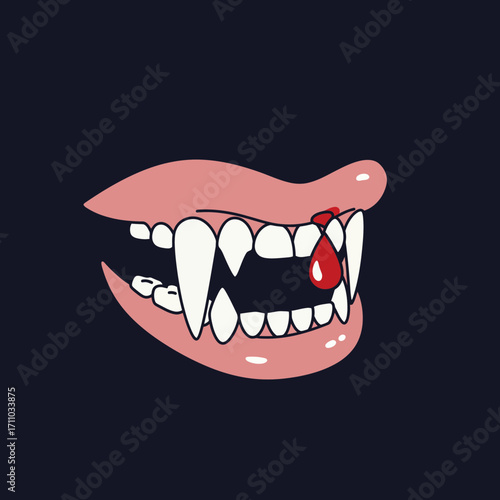 Spooky vampire mouth with dripping blood, perfect for Halloween designs and scary themes, eye-catching for posters and social media promotions
