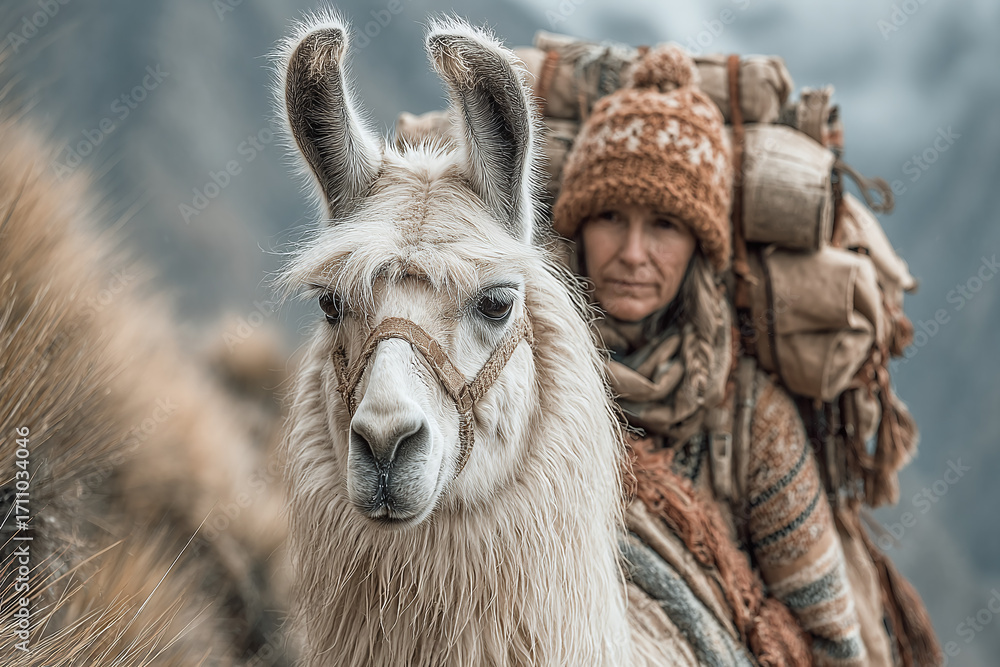 Obraz premium Mountain trek with a llama helping a woman carry supplies up a scenic, rugged path