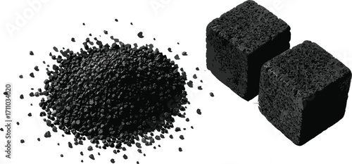 Granular Material and Cube Illustration Featuring Black Particles, Solid Blocks, Texture Contrast, Industrial Substance, Energy Resource, Material Processing