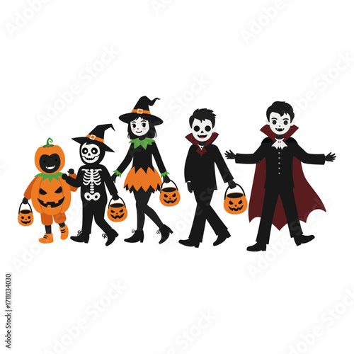 Festive Halloween fun: Children in adorable costumes trick-or-treating, pumpkin, skeleton, witch, and vampire for spooky celebrations