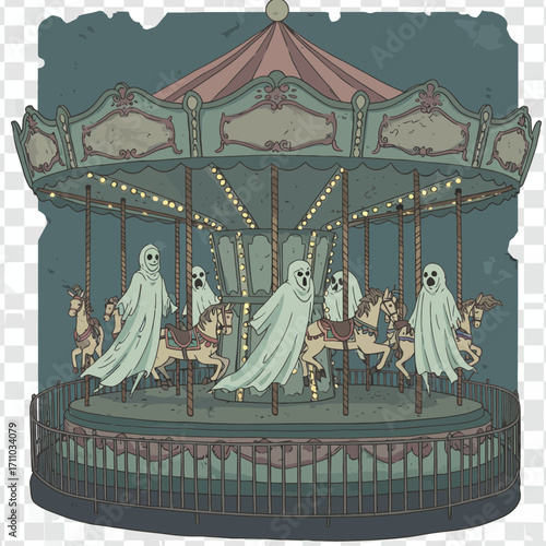 Spooky Halloween merry-go-round with ghostly riders ready for a fun frightful night, perfect for eerie seasonal designs and themed events